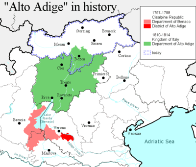 "Südtirol" in der Geschichte: in Rot während der Cisalpinischen Republik, in Grün während des napoleonischen Königreichs Italien und in Blau heute