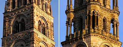 Näissä kahdessa tornissa näkyy hyvin selvästi kahden arkkitehtuurityylin välinen ero: vasemmalla puolella romaaninen ja oikealla puolella goottilainen.  