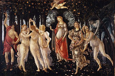 Primavera (1478): ícone da renovação primaveril da Renascença Florentina. O quadro também está na vila dos Médicis em Castello, como uma espécie de pingente do Nascimento de Vênus. Da esquerda para a direita: Mercúrio, as Três Graças, Vênus, Flora, Chloris, Zephyrus. Observe que a figura de Vênus no centro se parece com uma madona, daí a fusão neoplatônica de pagão e cristão, mas os rostos são verdadeiros retratos: por exemplo, a Graça do lado direito é Caterina Sforza. Embora comparativamente poucas das pinturas mitológicas de Botticelli sobrevivam, Primavera epitmiza seu uso da mitologia clássica como veículos para ilustrar os sentimentos que são realmente derivados do amor cortês medieval. (O livro de Jean Seznec sobre a sobrevivência e novos usos da Antiguidade pagã na Renascença explora estes temas). Primavera também pode ser lido como uma alegoria política: O amor (Amor) seria Roma ("Roma" em italiano); as três Graças Pisa, Nápoles e Gênova; Mercúrio Milão; Flora Florença; Maio Mântua; Cloris e Boreas Veneza e Bozen-Bolzano (ou Arezzo e Forlì).