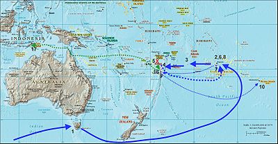 Den här kartan visar HMS Bountys färdväg .   1. Bounty anländer till Adventure Bay, Bruny Island, Tasmanien efter en lång sjöresa, 21 augusti 1788 2. Bounty anländer till Tahiti 26 oktober 26 oktober 1788. Bounty lämnar Tahiti den 4 april 1789 3. Besöker ön Palmerston.   4. Besöker ön Tofua.   5. Myteriet den 28 april 1789. Christians resor med Bounty.   6. Tubai, sedan tillbaka till Tahiti den 7 juli 1789.   7. Tillbaka till Tubai, 16 juli 1789.   8. Tillbaka till Tahiti 22 september 1789 och avresa nästa dag.   9. Besöker ön Tongatabu, 15 november 1789.   10. Anländer till Pitcairn Island 15 januari 1790. Bounty brändes den 23 januari 1790. Blighs resa i den lilla båten 16. Tonga 17. Ankomst till Batavia  