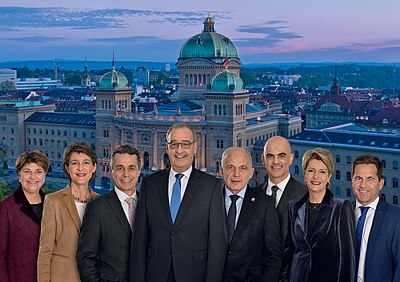 The Federal Council 2021: (from left to right) Viola Amherd, Simonetta Sommaruga, Ignazio Cassis, Guy Parmelin (President of the Confederation), Ueli Maurer, Alain Berset, Karin Keller-Sutter, Walter Thurnherr (Federal Chancellor)
