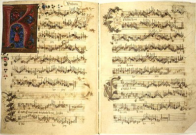 Manuskript der Missa O Crux Lignum, einer Messe von Busnois. Das Datum ist nicht sicher, aber wahrscheinlich Mitte des 15. Jahrhunderts.