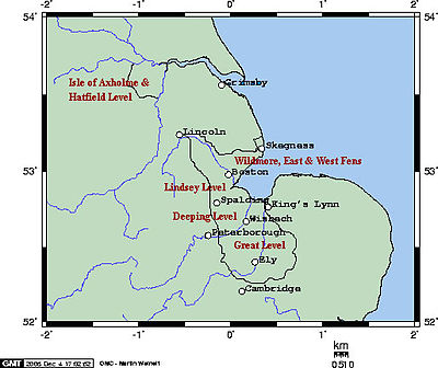 La posizione di The Fens nell'Inghilterra orientale.