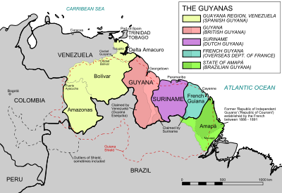 Suuri kartta Guyanasta, mukaan lukien Venezuelan (entinen Espanjan Guyana) ja Brasilian (entinen Portugalin Guyana) alueet.  