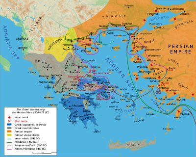 Mapa prawie wszystkich części świata greckiego, które brały udział w wojnach grecko-perskich