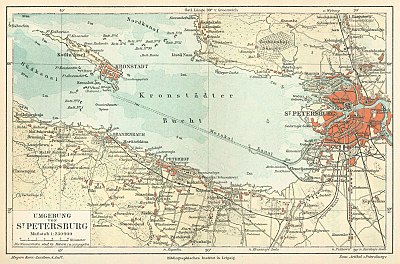 Vuoden 1888 kartta Pietarista ja Kronstadtista, linnoitetusta saarikaupungista.
