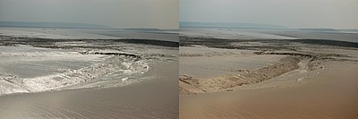 Wirkung eines Polarisators auf die Reflexion vom Wattenmeer. Im Bild links wird der Polarisator gedreht, um die Reflexionen so gut wie möglich zu übertragen; durch Drehen des Polarisators um 90° (Bild rechts) wird fast das gesamte spiegelnd reflektierte Sonnenlicht blockiert.