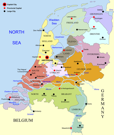 Kaart van Nederland. Het linkt naar de pagina's van de provincies. Zwarte stippen zijn grote steden. Rode stippen zijn hoofdsteden van de provincies.  