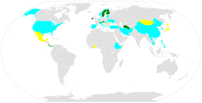 Mapa mundial mostrando os graus de neutralidade dos países anteriores a 2007: países neutros disputados países neutros antigos países neutros