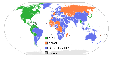 Kaart van de wereld waarop te zien is waar de verschillende TV-normen worden gebruikt.  