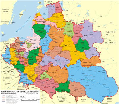 The I Rzeczpospolita in the borders after the Treaty of Deulino 1618 (administrative division into voivodships)