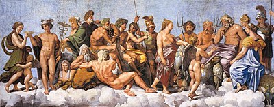 Zgromadzenie 20 greckich bogów, w większości Dwunastu Olimpijczyków, jako Psyche przychodzi ich odwiedzić (Loggia di Psiche, 1518-19, przez Rafaela i jego szkołę)