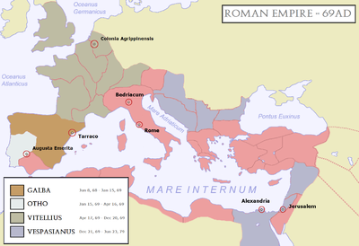Η Ρωμαϊκή Αυτοκρατορία, 69. Μετά το θάνατο του αυτοκράτορα Νέρωνα, οι τέσσερις στρατηγοί με τη μεγαλύτερη επιρροή στην αυτοκρατορία διεκδικούσαν διαδοχικά την αυτοκρατορική εξουσία.