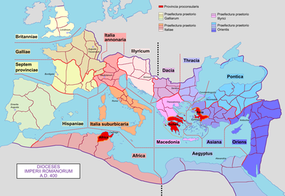 Map of the Roman Empire with its dioceses, c. 400 AD.
