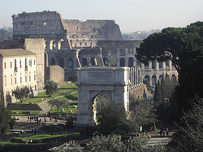 The Rome of the Flavians as a memorial landscape of the victory over Judea: in the foreground the Arch of Titus, in the background the Amphitheatrum Flavium, financed from the spoils of war.