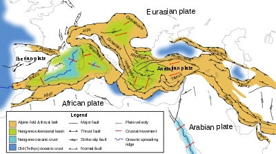 Mapa tektoniczna południowej Europy i Bliskiego Wschodu, przedstawiająca struktury tektoniczne zachodniego pasa górskiego Alpidów