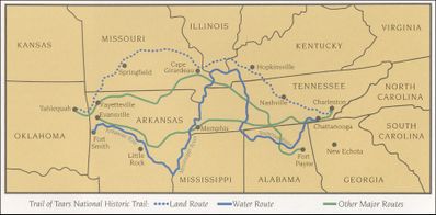 Mapa de las rutas acuáticas y terrestres que tuvieron que recorrer los cherokees en el Camino de las Lágrimas  