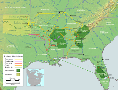 Former Chickasaw tribal territory and first reservation (1838), Trail of Tears, and battles involving Native Americans in the southeastern United States between 1811 and 1847.