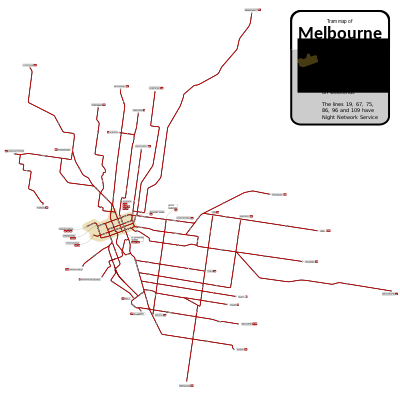 Mapa da rede de bondes de Melbourne.