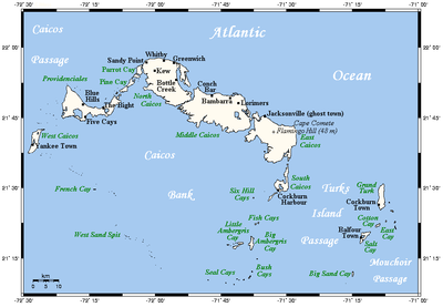 Mapa das Ilhas Turcas e Caicos.
