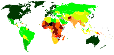 Wereldkaart met de menselijke ontwikkelingsindex (gebaseerd op gegevens van 2007, gepubliceerd op 5 oktober 2009)