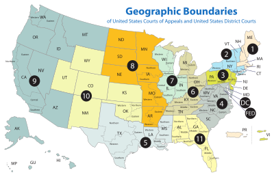 Kartta Yhdysvaltojen muutoksenhakutuomioistuimista ja piirituomioistuimista (United States District Courts)  