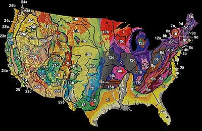 Fysiografiske regioner på det amerikanske fastland. Region 12e identificerer de Dissected Till Plains.