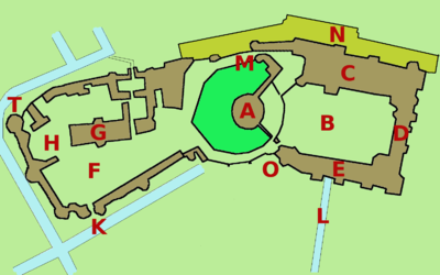 A: Round Tower (Keep) B: Upper Court (The Square) C: State Apartments D: Private Apartments E: South Wing F: Lower Court G: St George's Chapel H: Horseshoe Cloister K: King Henry VIII's Gate (Main Entrance) L: The Long Walk M: Norman Gate N: North Terrace O: Edward III's Tower T: The Curfew Tower (Main Entrance) L: The Long Walk M: Norman Gate N: North Terrace O: Tower of Edward III T: Curfew Tower
