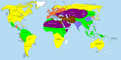 De wereld, ca. 500 v.Chr., toont het Achaemenidische Rijk (in bruin) ten opzichte van de rest van de wereld op dat moment.