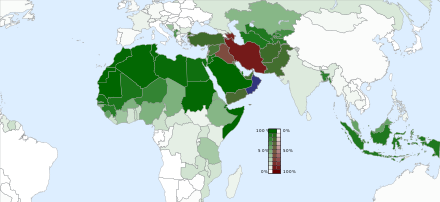 States with an Islamic population share of more than 5%. Green : Sunnis, Red : Shiites, Blue: Ibadis (Oman)