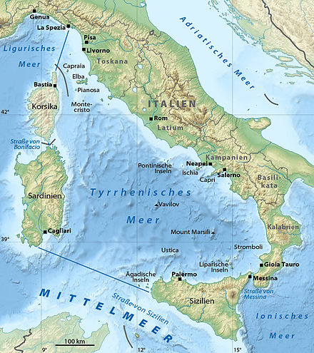 Physical map of the Tyrrhenian Sea