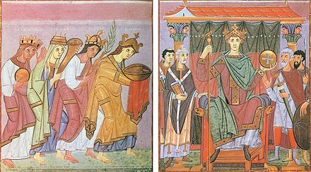 From the Gospels of Otto III. (Bayerische Staatsbibliothek, Clm 4453, fol. 23v-24r): The emperor enthroned between two columns in front of a suggested palace architecture. Next to him are two ecclesiastical and secular representatives. On the left side of the picture, the four personifications of the empire approach the ruler barefoot, with rich gifts and in a humble posture: Sclavinia, Germania, Gallia and Roma. (Book painting of the Reichenau school, around 1000)