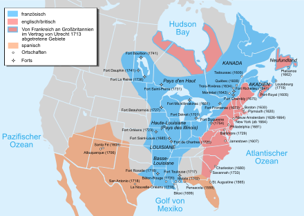 North America, around 1750, with dates of the foundations