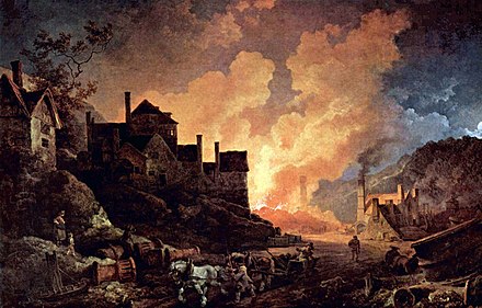 Coalbrookdale by Night . Oil painting by Philipp Jakob Loutherbourg the Younger from 1801. Coalbrookdale is considered one of the birthplaces of the Industrial Revolution, as the first coke-fired blast furnace was operated here.