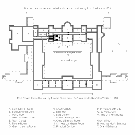 Piano nobile of Buckingham Palace. A: Dining Room; B: Blue Drawing Room; C: Music Room; D: White Drawing Room; E: Royal Private Room; F: Throne Room; G: Green Drawing Room; H: Cross Gallery; J: Ballroom; K: East Gallery; L: Yellow Drawing Room; M: Central Room/Balcony; N: Chinese Dining Room; O: Main Corridor; P: Private Rooms; Q: Service Area; W: Grand Staircase. Ground floor: R: ambassadorial entrance; T: main entrance. The lower level small wings are represented by hatched walls. Note: The floor plan is not quite to scale and is for rough illustration only. The proportions of some rooms may differ slightly in reality.