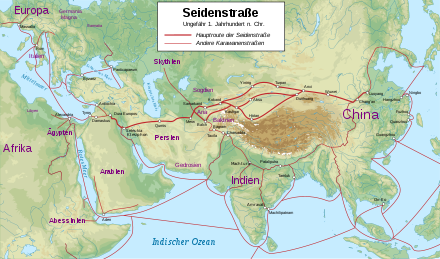 The network of the ancient Silk Road and trade routes connected to it