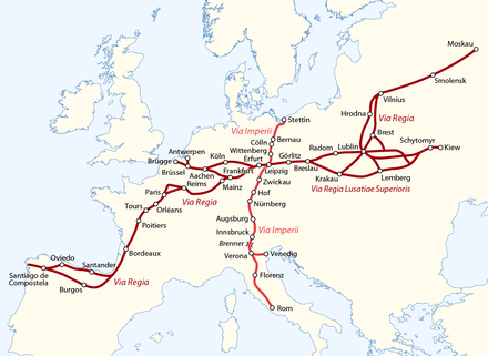 Course of the medieval Via Regia and Via Imperii in Europe