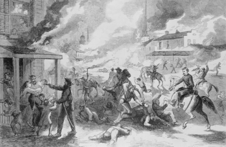 A invasão de Quantrill em Lawrence, Kansas destruiu grande parte da cidade