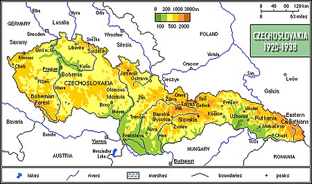 Physical map of Czechoslovakia