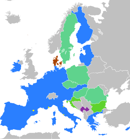 2015:      Países da UE euro (19) Estados da UE obrigados a aderir à zona euro (7) Estados da UE com uma opção de não participação na zona euro (2) Estados fora da UE com direitos de emissão (4) Outros usuários de euro não pertencentes à UE (2)
