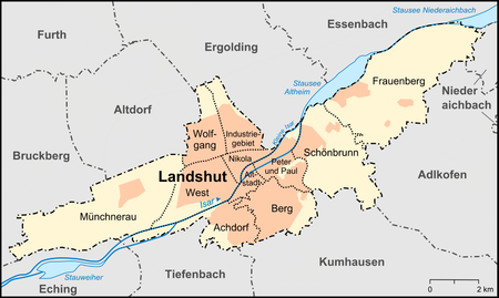 Districts of the city of Landshut on the city map