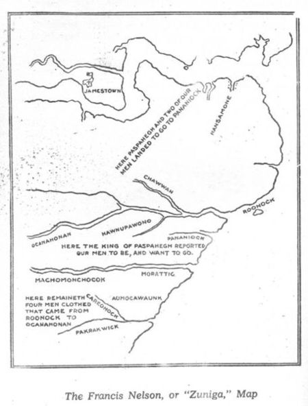El "Mapa de Zúñiga", 1607. Cerca de la parte inferior dice "aquí quedan cuatro hombres vestidos que vinieron de Roanoke". Algunos historiadores creen que puede tratarse de hombres de Roanoke.  