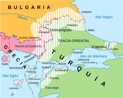 Лозанският договор променя границите на България, Гърция и Турция.