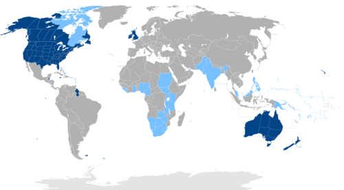 英语圈。英语是官方语言和大多数人的第一语言的国家。这些国家为深蓝色（加拿大的魁北克除外）。其他以英语为官方语言，但不是大多数人的第一语言的国家为浅蓝色。