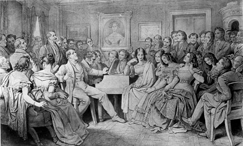 Schubertiade, known under the title Ein Schubert-Abend bei Joseph von Spaun, with Franz Schubert at the piano (sepia drawing by Moritz von Schwind, 1868, Wien Museum, Vienna)