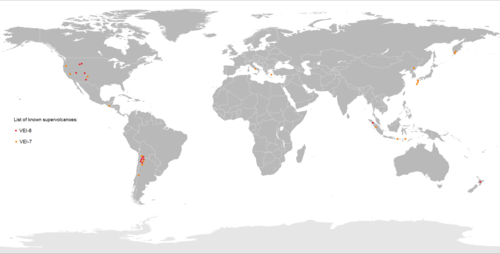 Mapa známých supervulkánů po celém světě:      Index vulkanické výbušnosti (VEI) 8 Index vulkanické výbušnosti (VEI) 7