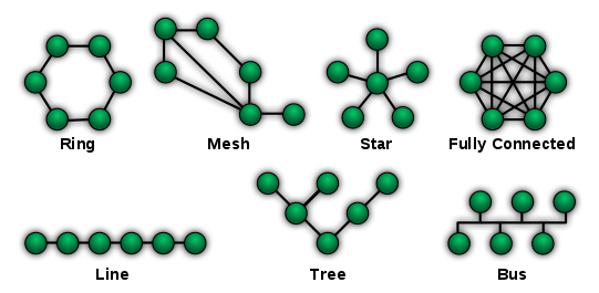 Schema van verschillende netwerktopologieën.  