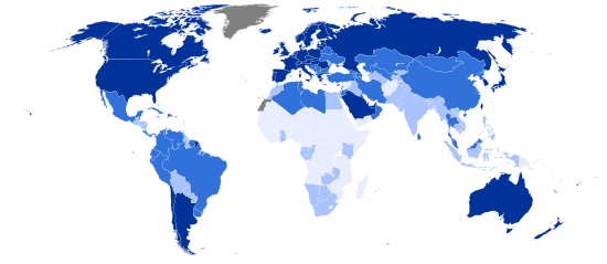 显示各国人类发展指数类别的世界地图(基于2015年和2016年数据，2017年3月21日公布)。      非常高 高      中低      数据不详