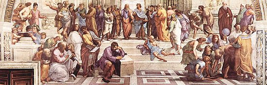 Detail from Raphael's "The School of Athens" (1510-1511), fresco in the Stanza della Segnatura (Vatican). Among others, Zeno of Kition, Epicurus, Averroes, Pythagoras, Alcibiades, Xenophon, Socrates, Heraclitus, Plato, Aristotle, Diogenes, Euclid, Zarathustra and Ptolemy are depicted. The central perspective layout of the mural in the Vatican aims at the imagined representations of Plato and Aristotle at the center of the composition. Opposite the fresco is the parallel work of Raphael's Disputa del Sacramento, the Disputation on the Sacrament.