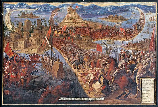De Spanjaarden vallen Tenochtitlan binnen
